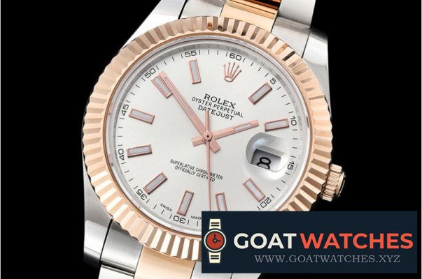 Rolex - DJ2 41mm Oyst Flt RG/SS Silv. Wht Stk BP A3136 Mod