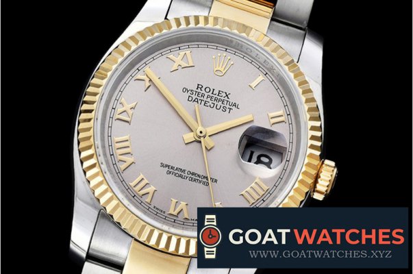Rolex - DJ 36mm Oyst Flt YG/SS Light Grey Roman BP A3135 Mod