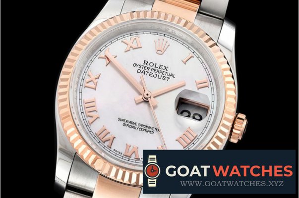 Rolex - DJ 36mm Oyst Flt RG/SS White MOP Roman BP A3135 Mod