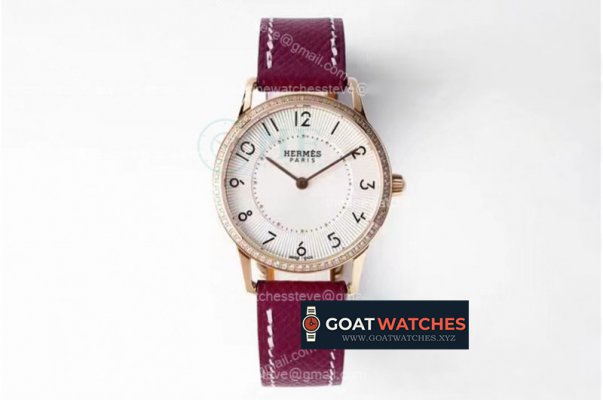 Hermes - Arceau Ladies 32mm RG/LE RD White/Num Diam Swiss Qtz