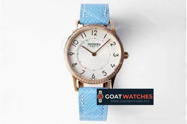 Hermes - Arceau Ladies 32mm RG/LE Blue White/Num Diam Swiss Qtz