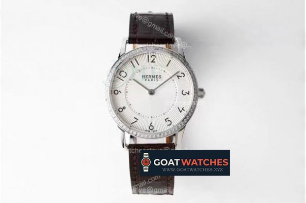 Hermes - Arceau Ladies 32mm SS/LE Brown White/Num Diam Swiss Qtz