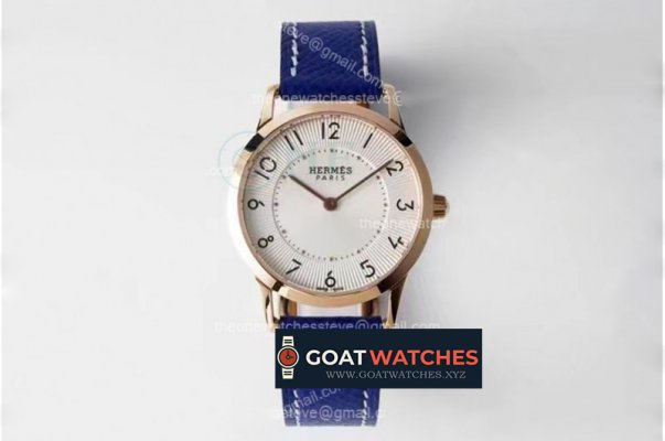Hermes - Arceau Ladies 32mm RG/LE White/Num Blue Swiss Qtz